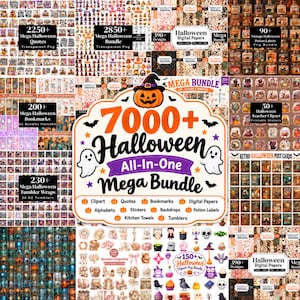 Puede incluir: Un anuncio gráfico digital para un paquete de 7000+ elementos Halloween All-In-One Mega Bundle. El texto central presenta una calabaza, fantasmas y murciélagos, rodeado de cuadrículas con varios cliparts, papeles digitales y etiquetas.