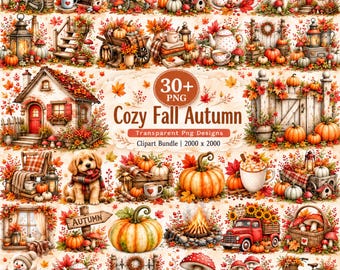 Könnte beinhalten: Eine digitale Sammlung herbstlicher Illustrationen mit Kürbissen, gemütlichen Häusern, einem Welpen, einem roten LKW, Pilzen, Laternen und Herbstlaub. Der zentrale Text lautet 30+ PNG Cozy Fall Autumn Transparent Png Designs Clipart Bundle.