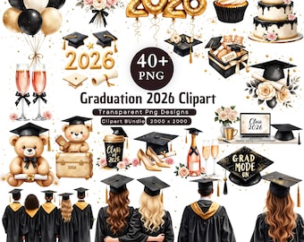 Graduation 2026 Clipart Bundle, Graduate Girl Clipart, Caps & Gowns, Diploma Teddy Bear, Blonde Graduation, Graduation PNG, Digital Download