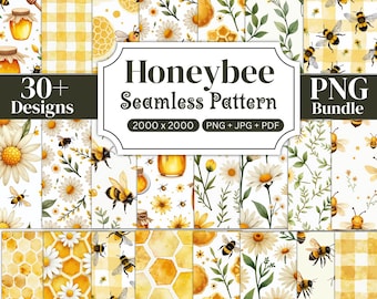 30+ Honey Bee Seamless Digital Paper Bundle, Watercolor Floral Bee Backgrounds, Honey Bees Scrapbook Papers Sublimation, Digital Download