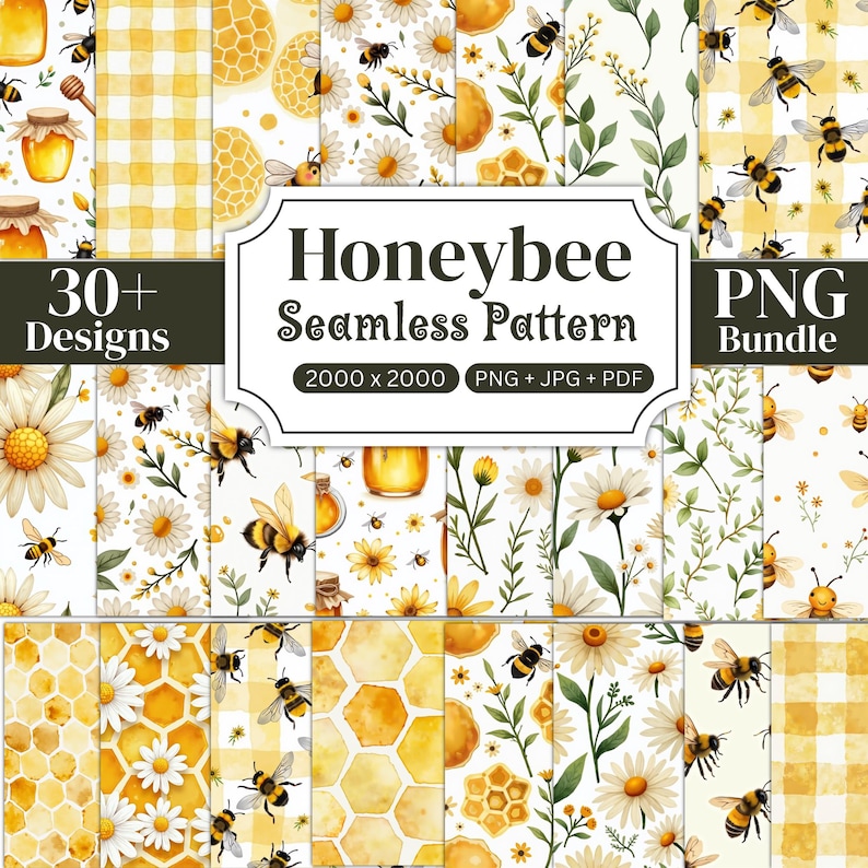 May include: A digital collection of 30+ seamless patterns featuring honeybees, yellow and white daisies, honeycomb structures, and honey jars. The graphics are presented in a grid layout with the text Honeybee Seamless Pattern PNG Bundle.