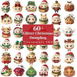 Pode incluir: Uma coleção de mais de 60 ilustrações digitais apresentando bolinhos de desenho animado decorados com temas natalinos, incluindo gorros de Papai Noel, guirlandas, chifres de rena e laços festivos, com o texto 60+ Glitter Christmas Dumpling Transparent PNG.