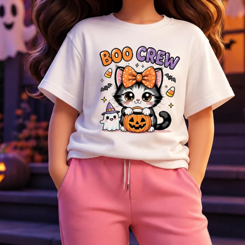 May include: A white short-sleeved t-shirt featuring a graphic of a black and white kitten wearing an orange polka-dot bow, holding a jack-o'-lantern, and standing next to a small ghost. The text "BOO CREW" is printed in orange and purple above.