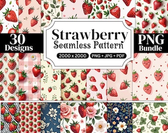 Strawberry Seamless Pattern PNG Bundle, Watercolor Strawberry Digital Paper, Floral Berry Pattern,  Scrapbook Background, Instant Download