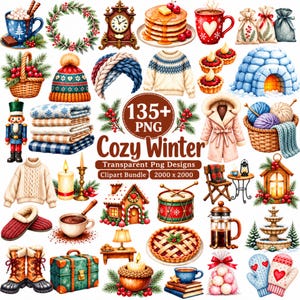 Puede incluir: Una colección digital de más de 135 diseños de imágenes prediseñadas PNG con temática invernal que incluye ilustraciones de suéteres, mantas, chocolate caliente, cascanueces, iglús, coronas, pasteles, linternas y accesorios sobre fondo blanco.