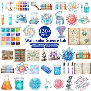 May include: A collection of watercolor science lab illustrations including test tubes, beakers, microscopes, chemical structures, crystals, and laboratory equipment. The text reads 130+ PNG Watercolor Science Lab Transparent Png Designs Clipart BUNDLE 2000 x 2000.