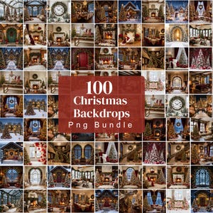 Könnte beinhalten: Eine digitale Sammlung von 100 Weihnachtshintergründen in einer Rasteransicht. Die zentrale rote Überlagerung zeigt den weißen Text 100 Christmas Backdrops Png Bundle, umgeben von verschiedenen festlichen Szenen mit geschmückten Bäumen, Kaminen und winterlichen Innenräumen.