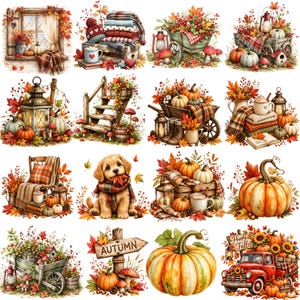 May include: A collection of sixteen autumn-themed illustrations featuring pumpkins, fall foliage, wooden carts, lanterns, cozy blankets, a puppy, and a red truck with a sign reading Autumn and Happy Fall, all rendered in a warm, seasonal color palette.