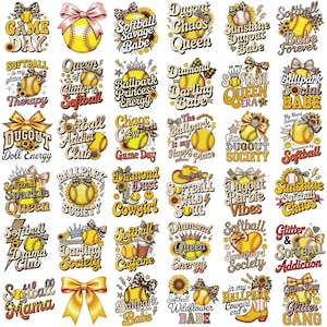 May include: A collection of softball-themed designs with text and graphics. The designs feature softballs, bows, sunflowers, and phrases like "Game Day," "Softball Queen," and "Dugout Chaos." The color palette includes yellow, black, and white.