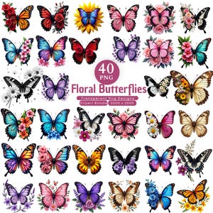 May include: A collection of 40 digital PNG files featuring various butterflies paired with colorful flowers. The central text reads 40 PNG Floral Butterflies Transparent Png Designs Clipart BUNDLE 2000 x 2000, showcasing diverse wing patterns.