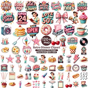 Può includere: Una collezione di immagini clipart a tema diner retrò. Le illustrazioni presentano elementi classici del diner come jukebox, hamburger, frullati e segnaletica vintage. La tavolozza dei colori include rosa, verde acqua e rosso.