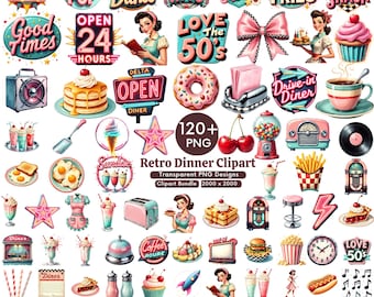 Könnte beinhalten: Eine Sammlung von Retro-Diner-Clipart-Bildern. Die Illustrationen zeigen klassische Diner-Elemente wie Jukeboxen, Burger, Milchshakes und Vintage-Schilder. Die Farbpalette umfasst Pink, Türkis und Rot.