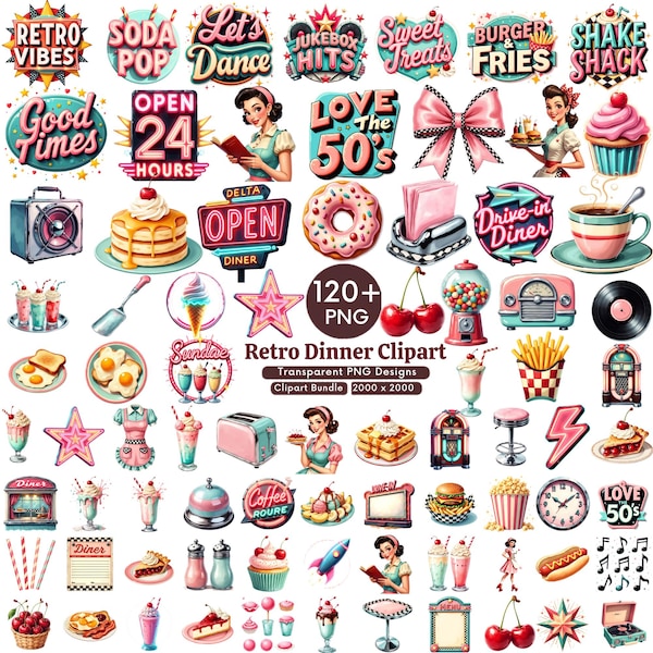 1950s Diner Retro Clipart Bundle, Rockabilly Food PNG Set, Vintage 50s Restaurant Sublimation Designs, Retro Americana, Digital Download