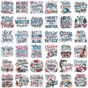 Op de afbeelding: Een verzameling van vijfendertig vierkante grafische ontwerpen met winter- en kerstthema's. Elk vierkant bevat unieke typografie en illustraties, waaronder sneeuwvlokken, sneeuwpoppen, kerstbrievenbussen, gezellige truien en feestelijke bloemmotieven.