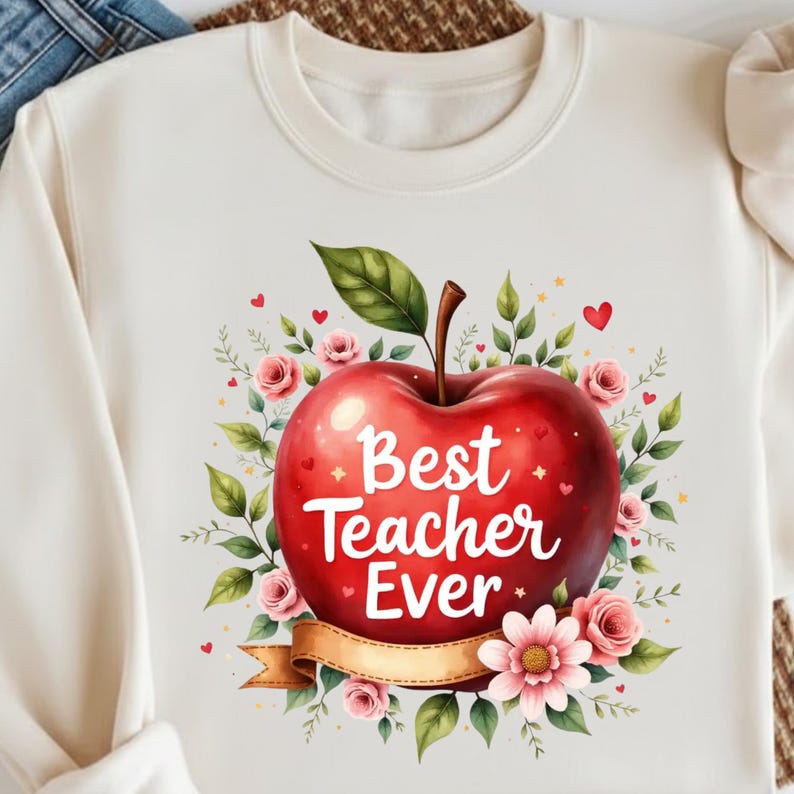 May include: Cream-colored sweatshirt featuring a large red apple design with the text "Best Teacher Ever." The apple is surrounded by pink roses, green leaves, and a gold ribbon. A perfect gift for teachers.