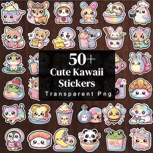 May include: A collection of over 50 cute kawaii stickers with transparent backgrounds. The stickers feature adorable cartoon animals and food items in pastel colors, including a cat, bunny, and panda. The text on the image says "50+ Cute Kawaii Stickers Transparent Png."