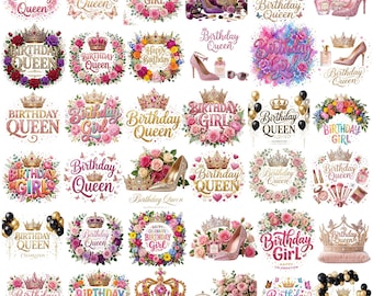 60+ Birthday Queen Clipart PNG Bundle, Floral Butterfly Birthday Girl Graphics, Crown Princess Birthday PNG, Happy Birthday Digital Download