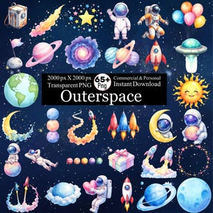 Może przedstawiać: Akwarelowe ilustracje elementów kosmicznych, w tym planet, rakiet, astronautów, gwiazd i uśmiechniętego słońca. Obraz zawiera tekst "Outerspace" oraz szczegóły dotyczące rozmiaru pliku i natychmiastowego pobrania.