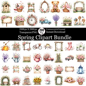 May include: A collection of watercolor spring clipart elements, including floral arrangements, a teddy bear, a birdhouse, and a vintage truck. The text "Spring Clipart Bundle" is displayed. The images are in a transparent PNG format.