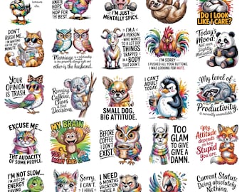 May include: A collection of twenty-five individual graphic designs featuring various animals including a duck, rooster, cow, sloth, cat, owl, goat, panda, bird, koala, dog, penguin, raccoon, monkey, llama, fox, turtle, and bulldog with humorous text.