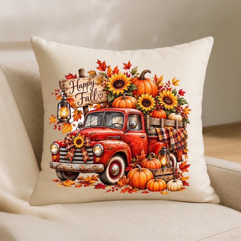 May include: A cream-colored throw pillow featuring a graphic of a red vintage truck loaded with pumpkins, sunflowers, and autumn leaves. A wooden sign hanging from a lantern reads Happy Fall. The design includes plaid accents and rustic lanterns.