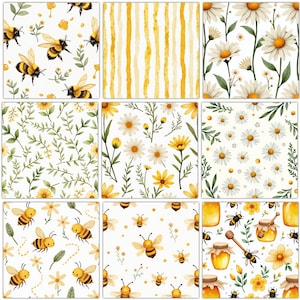 May include: A collection of nine square patterns featuring bees, yellow watercolor stripes, white daisies with green stems, and honey pots with wooden dippers. The designs use a color palette of yellow, white, and green on a white background.