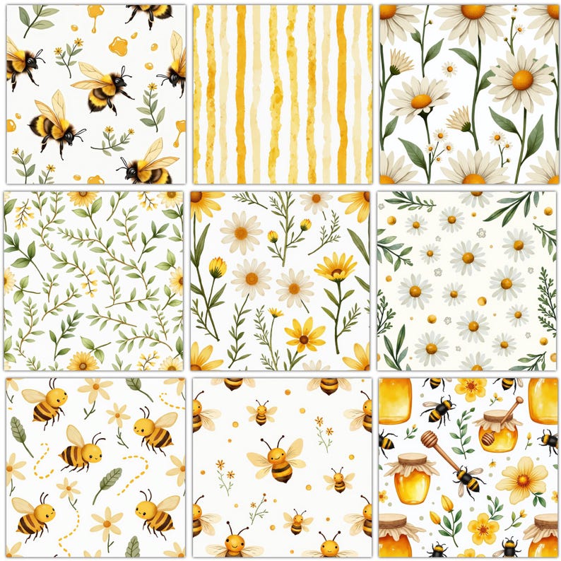 May include: A collection of nine square patterns featuring bees, yellow watercolor stripes, white daisies with green stems, and honey pots with wooden dippers. The designs use a color palette of yellow, white, and green on a white background.