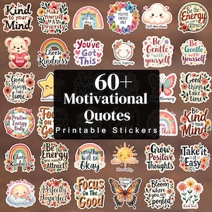 Könnte beinhalten: Eine Sammlung von 60+ Motivationsaufklebern. Die Aufkleber zeigen verschiedene Designs, darunter Regenbogen, Schmetterlinge, Blumen und positive Affirmationen wie "Wähle Freundlichkeit" und "Sei freundlich zu deinem Geist."