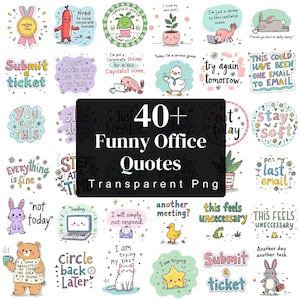 Puede incluir: Una colección de más de 40 citas divertidas de oficina en formato PNG transparente. La imagen presenta varios personajes de dibujos animados y burbujas de texto con frases humorísticas como "Enviar un ticket" y "Soy solo un camarón en este océano capitalista."