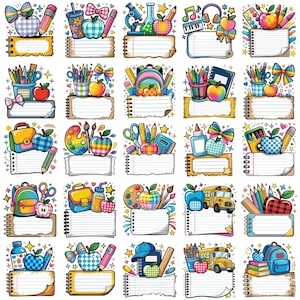 34 personliga PNG-paket för skolstart, anpassade namnetiketter för skolan, clipart för lärare och elever, sublimering av skolmaterial, digital nedladdning
