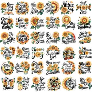 Op de afbeelding: Een verzameling zonnebloem-thema afbeeldingen met inspirerende citaten. Ontwerpen omvatten zonnebloemen met zinnen als "Shine On", "Good Vibes Only" en "Choose Happiness". De afbeeldingen zijn in geel, groen en wit.