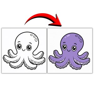 Puede incluir: Ilustraci&oacute;n de un pulpo en dos paneles. El panel izquierdo muestra un contorno en blanco y negro de un pulpo con una cara sonriente. El panel derecho muestra el mismo pulpo en morado con una cara sonriente.