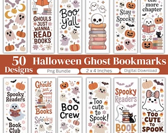 50 Halloween Ghost Bookmark PNG Bundle, Spooky Bookish Reader Bookmarks, Cute Boo Crew Bookmark Designs, Book Lover Gift, Instant Download