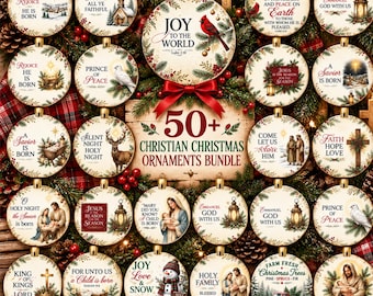 50+ Christian Christmas Ornament PNG Bundle, Religious Holiday Ornament Designs, Christmas Santa Deer Cardinal Decor, Faith Christmas PNG