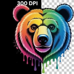 May include: A vibrant, colorful illustration of a bear's face. The bear is depicted in a rainbow of colors, with dripping paint effects. The text "300 DPI" is in the upper left corner. The background is split, with black on the left and transparent on the right.