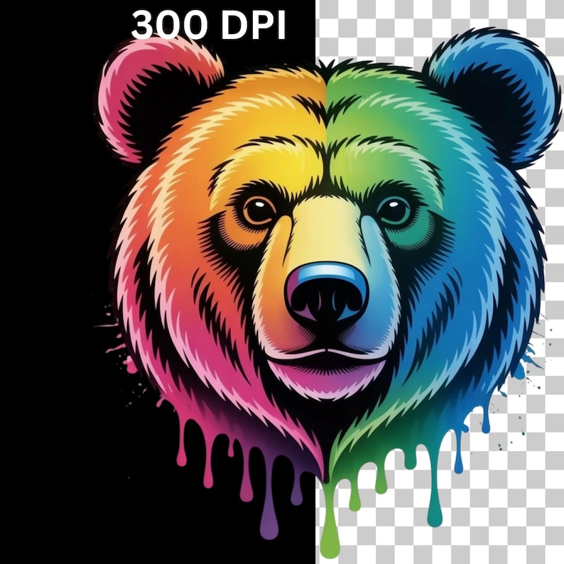 May include: A vibrant, colorful illustration of a bear's face. The bear is depicted in a rainbow of colors, with dripping paint effects. The text "300 DPI" is in the upper left corner. The background is split, with black on the left and transparent on the right.