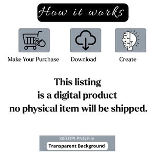 May include: An instructional graphic titled How it works featuring three icons: a shopping cart, a download arrow, and a lightbulb brain. Text below reads Make Your Purchase, Download, Create, This listing is a digital product no physical item will be shipped, and 300 DPI PNG File Transparent Background.