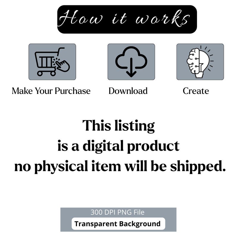 May include: An instructional graphic titled How it works featuring three icons: a shopping cart, a download arrow, and a lightbulb brain. Text below reads Make Your Purchase, Download, Create, This listing is a digital product no physical item will be shipped, and 300 DPI PNG File Transparent Background.