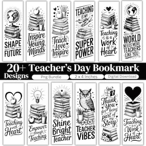 Puede incluir: Una colección de más de 20 diseños de marcapáginas en blanco y negro para el Día del Maestro. Cada marcapáginas presenta ilustraciones de libros, manzanas, lápices y citas inspiradoras. Los marcapáginas miden 5 x 10 cm.