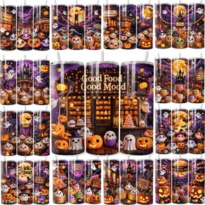 以下が含まれることがあります： ハロウィーンをテーマにした鮮やかなイラストが描かれた円筒形のタンブラーのコレクション。ゴースト、ジャック・オー・ランタン、お化け屋敷のほか、「Good Food Good Mood」、「Trick or Treat」、「Have a Boo-tiful Day」などのテキストがデザインされています。