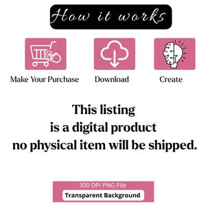 May include: An informational graphic with a black header reading How it works. Three pink squares feature white icons: a shopping cart, a download arrow, and a brain lightbulb. Text below reads Make Your Purchase, Download, Create, and This listing is a digital product no physical item will be shipped. A bottom pink bar states 300 DPI PNG File Transparent Background.