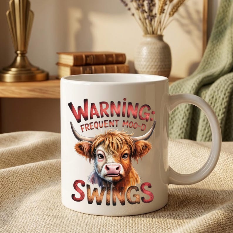 May include: A white ceramic mug featuring a colorful illustration of a Highland cow with long horns and shaggy fur. The text printed on the mug reads: WARNING: FREQUENT MOO-D SWINGS. The mug has a standard handle and a smooth, glossy finish.