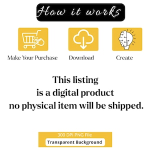 May include: An instructional graphic titled How it works with three yellow icons representing a shopping cart, a download arrow, and a lightbulb brain. Text states: This listing is a digital product no physical item will be shipped. 300 DPI PNG File.