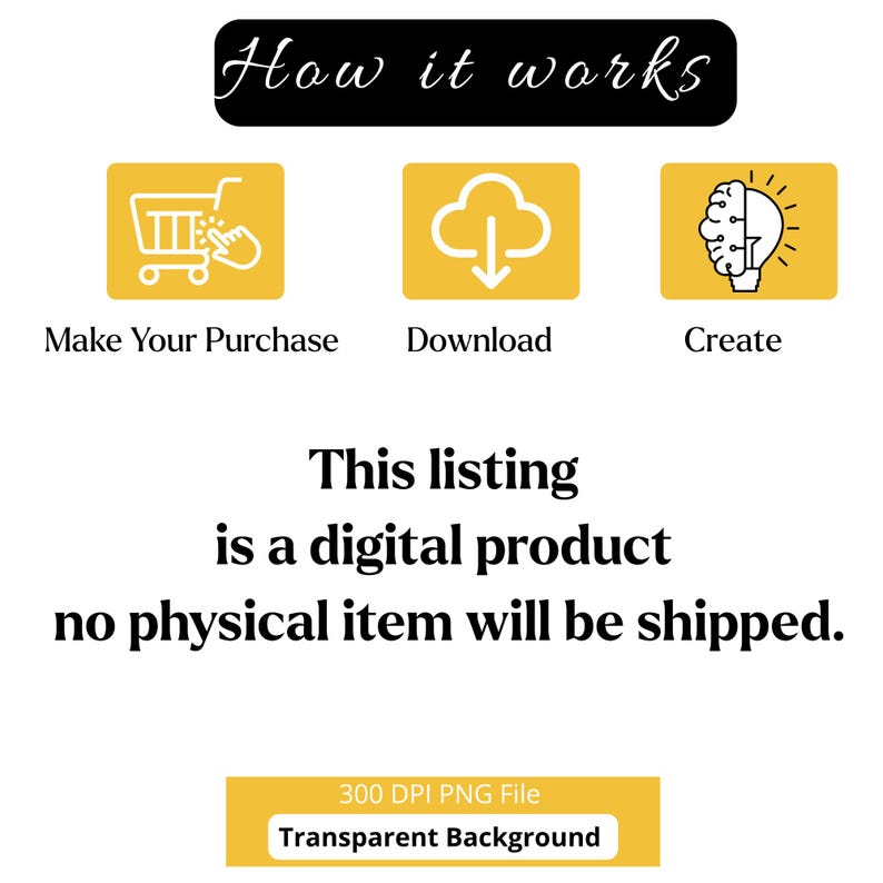 May include: An instructional graphic titled How it works with three yellow icons representing a shopping cart, a download arrow, and a lightbulb brain. Text states: This listing is a digital product no physical item will be shipped. 300 DPI PNG File.