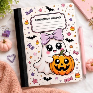 May include: A composition notebook with a white cover featuring a cartoon ghost wearing a purple bow and holding an orange jack-o'-lantern. The background is decorated with small bats, candy corn, pink and purple candies, and colorful stars.