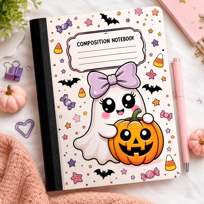 May include: A composition notebook with a white cover featuring a cartoon ghost wearing a purple bow and holding an orange jack-o'-lantern. The background is decorated with small bats, candy corn, pink and purple candies, and colorful stars.