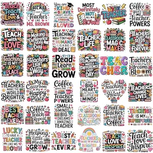 May include: A collection of thirty colorful square stickers featuring various teacher-themed illustrations and motivational quotes such as Teach with Love, Teacher Life, Classroom Magic Maker, and Teaching is My Superpower with books and pencils.