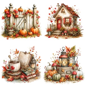 May include: A collection of four autumn-themed illustrations featuring a wooden fence with pumpkins, a cottage with red doors and fall foliage, a coffee mug with books and a lantern, and a wooden crate with pumpkins, mushrooms, and a lantern.
