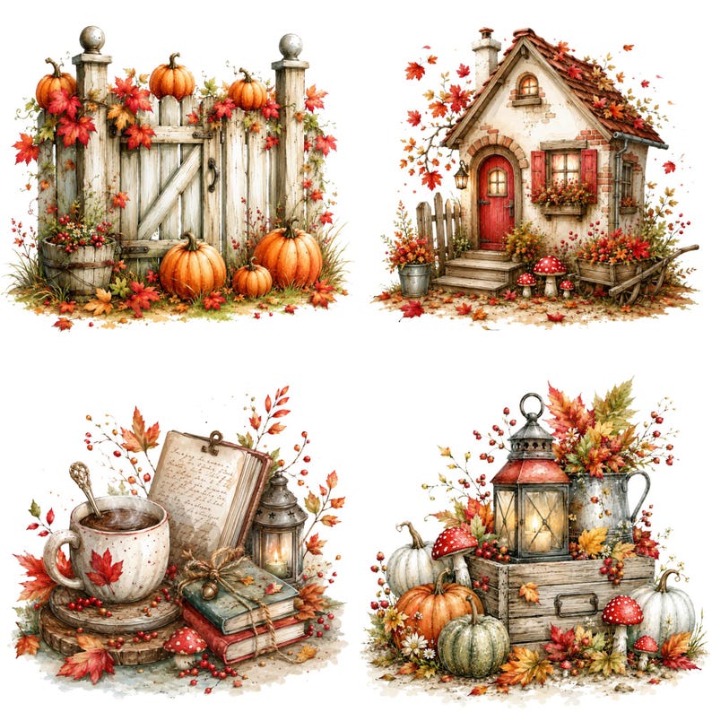 May include: A collection of four autumn-themed illustrations featuring a wooden fence with pumpkins, a cottage with red doors and fall foliage, a coffee mug with books and a lantern, and a wooden crate with pumpkins, mushrooms, and a lantern.