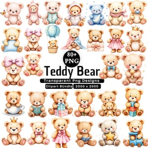 May include: A collection of watercolor teddy bear illustrations in various poses and outfits. The bears are in shades of brown, pink, and blue, some wearing bows, crowns, and holding objects. Text reads "80+ PNG Teddy Bear Transparent Png Designs Clipart Bundle 2000 x 2000".